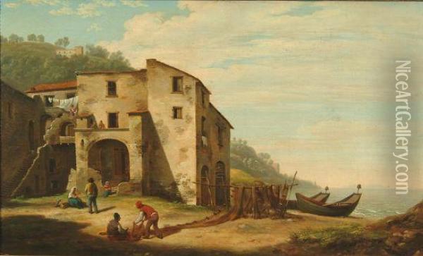 Drying The Nets Off An Italian Coast, Signed And Dated 1801 Oil Painting - Philip Reinagle