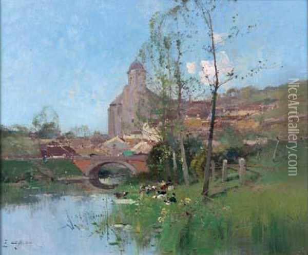 Village En Ete Oil Painting - Eugene Galien-Laloue