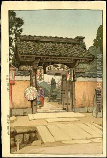 A Little Temple Gate Oil Painting - Hiroshi Yoshida