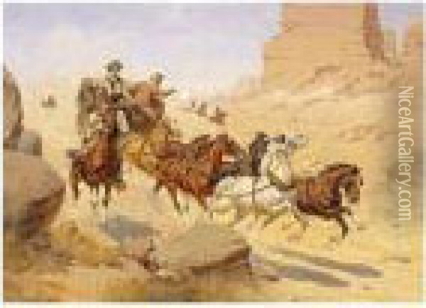 Attack On The Stagecoach Oil Painting - Herman Wendleborg Hansen