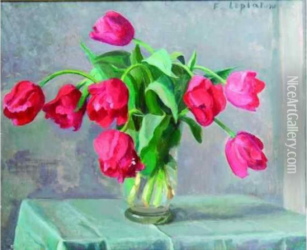 Composition Au Bouquet De Tulipes Rouges. Oil Painting - France Leplat