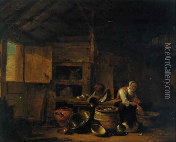 A Woman Plucking A Duck With A Cat In A Barn Oil Painting - Egbert Lievensz van der Poel