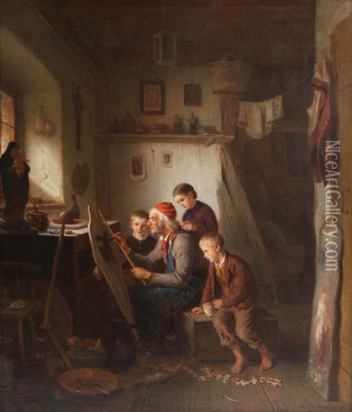 Grand-pere Bricolant Un Cerf-volant Pour Ses Petits-enfants Oil Painting - August Heinrich Niedmann