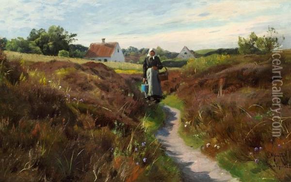 Summer Landscape With A Woman On Path Oil Painting - Peder Mork Monsted