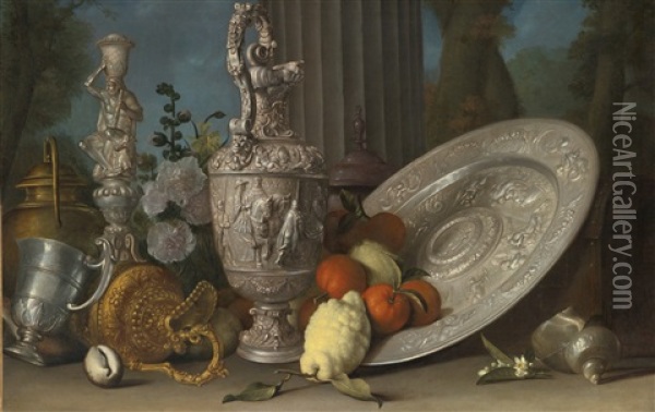 Still Life With Hercules Candlestick, Silver Gilt Ewer, Lemons And Oranges On A Sideboard Dish, Nautilus Shell, And Other Objects Arranged On A Ledge With A Column Beyond Oil Painting - Meiffren Conte