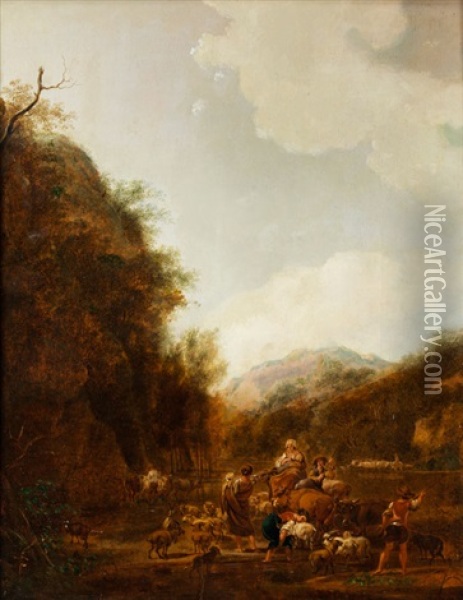 Bergige Landschaft Mit Hirten Und Vieh An Der Tranke Oil Painting - Johann Christian Klengel
