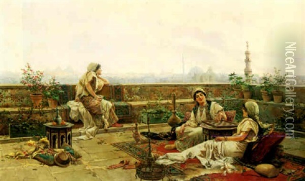 Ladies Of A Harem On A Terrace Overlooking Cairo Oil Painting - Jose Echena