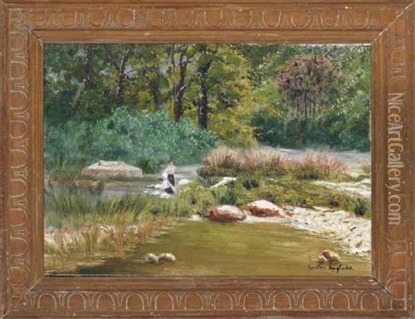 Paysage De La Creuse Et Fougre (+ Washerwomen On The Riverbank; 2 Works) Oil Painting - Gaston Anglade