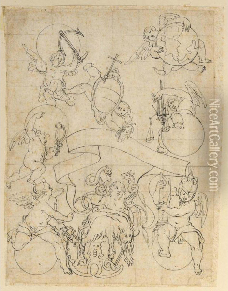 Design For A Ceiling Painting With Putti Holding Shields And Emblems Of The Virtues Oil Painting - Giovanni Paolo Schor
