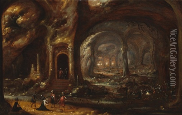 Interior Of A Grotto With Robbers And A Woman Held Captive Oil Painting - Rombout Van Troyen