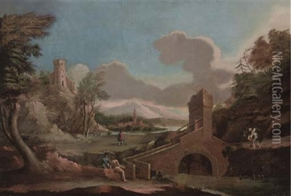 A Landscape With Travellers By A Bridge, A Castle And A Church Beyond (+ A Landscape With With Bathers And A Drover And His Cattle By A River, A Mill Beyond; Pair) Oil Painting - Marco Ricci