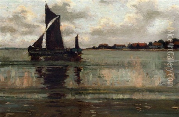 A Fishing Boat At Anchor In An Estuary Oil Painting - Edmund Aubrey Hunt