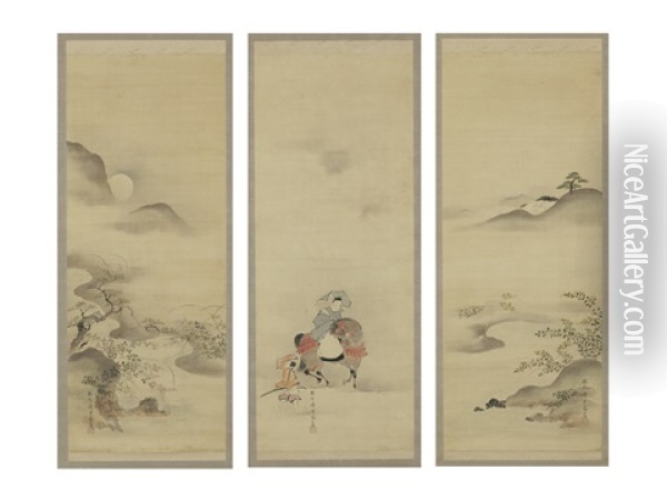 Setsugetsuka (set Of 3) Oil Painting - Tanshin Morimichi Kano