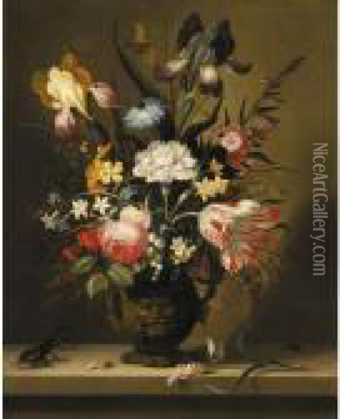 A Still Life Of Flowers, 
Including A Parrot Tulip, Irises And Roses, In A Grotesque Vase With 
Insects And A Stag Beetle On A Stone Ledge Oil Painting - Jacob Marrel