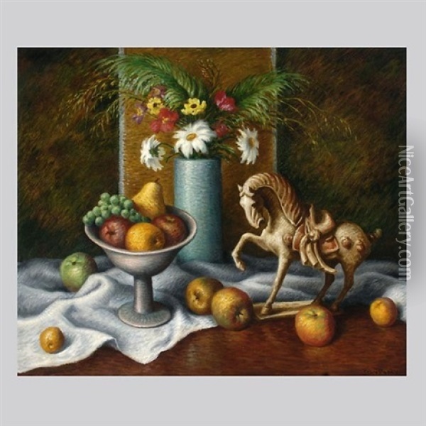 Still Life With T'ang Horse Oil Painting - Stanilaus Poray