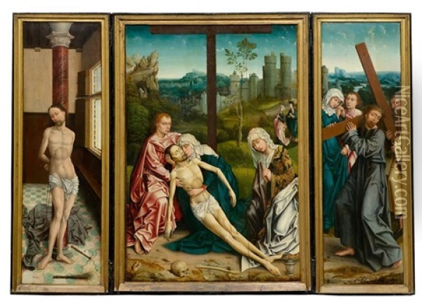 Triptych: Central Panel With The Lamentation Of Christ; Inner Lateral Panels With Scenes From The Passion, The Outer Lateral Panels With The Annunciation Oil Painting - Rogier van der Weyden