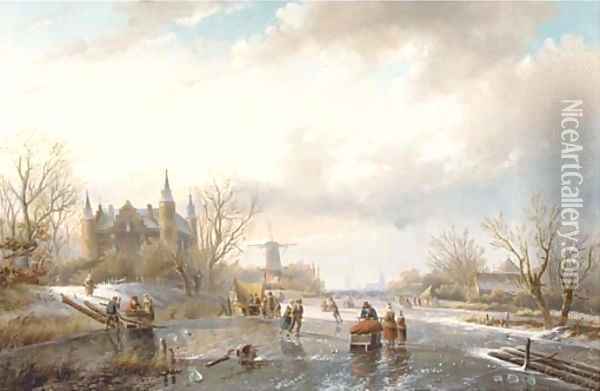 Skaters and figures by a koek en zopie on a sunny day, a castle nearby Oil Painting - Jan Jacob Spohler