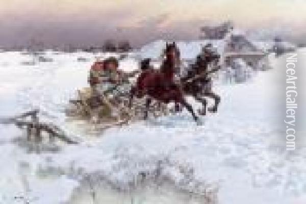 Winter Landscape With Sleigh Riders Oil Painting - Jaroslav Friedrich Julius Vesin