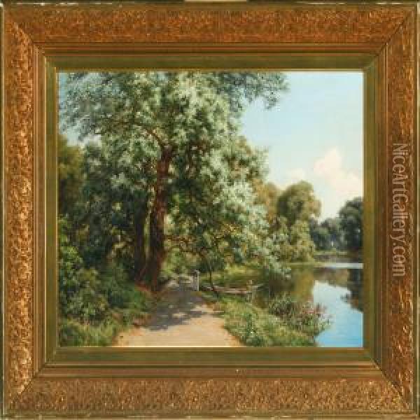 Summer Landscape With A Rowing Boat By A Stream Oil Painting - Axel Thorsen Schovelin