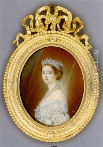 Empress Eugenie, In White Silk Dress With Lace Detail And Ribbons Tied Off  The Shoulder, Five