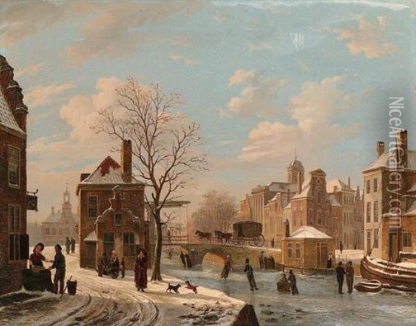 A Dutch Town Scene In Winter Oil Painting - Bartholomeus J. Van Hove