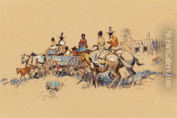 Indian Riders And Wagon Oil Painting - Laverne Nelson Black