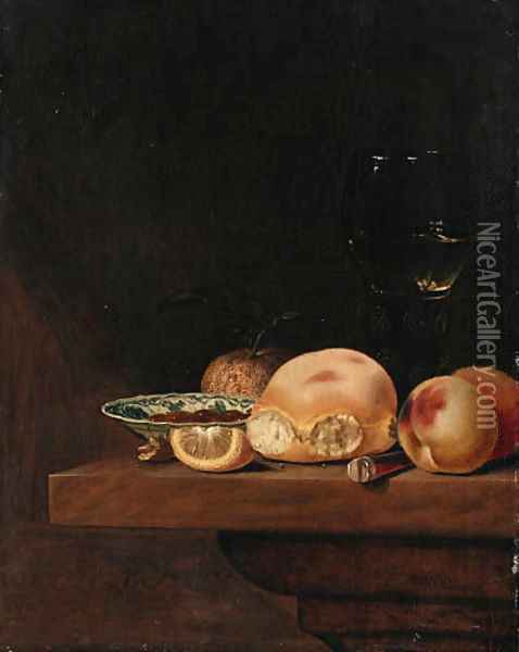 A Bread Roll, Peaches, an Orange, a Lemon Segment, a porcelain Dish with Nuts, a Knife and a Roemer on a Shelf Oil Painting - Pieter Janssens Elinga