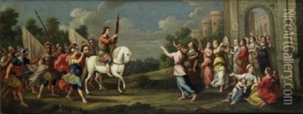 L'entree Triomphale De David A Jerusalem Apres Sa Victoire Contre Goliath Oil Painting - Johann Heinrich Schoenfeldt