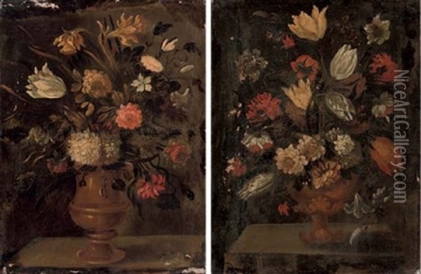 Daffodils, Roses, Tulips And Other Flowers In An Urn On A Ledge (+ Tulips, Carnations And Other Flowers In An Urn On A Ledge; Pair) Oil Painting - Andrea Belvedere