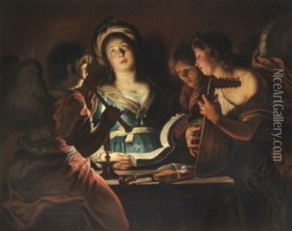 Hl. Cacilie Singend, Umgeben Von Musizierenden Engeln Oil Painting - Gerrit Van Honthorst