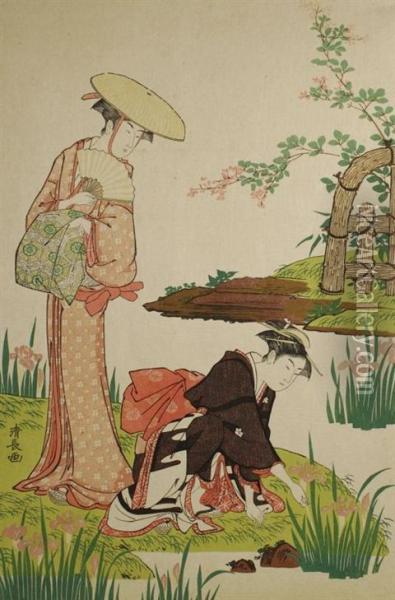 Women In Iris Pond Oil Painting - Torii Kiyonaga
