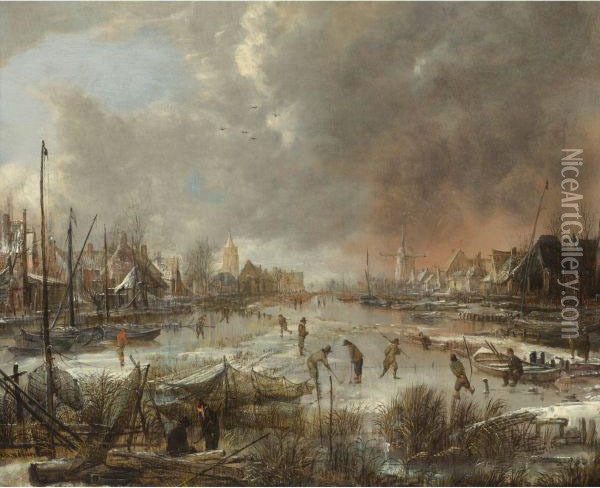 Winter Landscape With Sportsmen On A Frozen River Oil Painting - Aert van der Neer