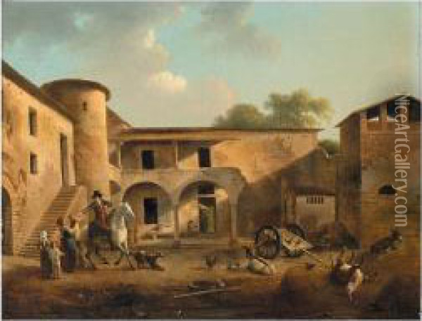 A Courtyard With A Horseman Departing From His Family Oil Painting - Alexandre-Hyacinthe Dunouy