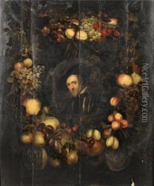 Portrait Of Sir Peter Paul Rubens Surroundedby Swags Of Fruit Oil Painting - Adriaen van Utrecht