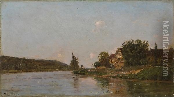 An Early Morning River Scene With A Village Oil Painting - Hippolyte Camille Delpy