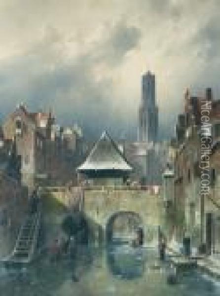 A Dutch Town View. Oil Painting - Charles Henri Leickert