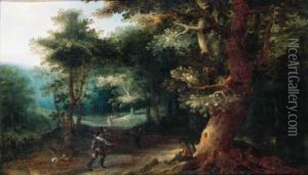 A Sportsman And A Traveller On A Path In The Wood Oil Painting - Gillis van Coninxloo