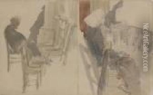 Dans Une Eglise, Deux Etudes De Personnages Assis Oil Painting - Emile-Antoine Bourdelle