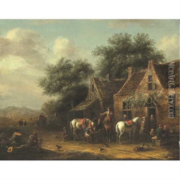 Horsemen Beside A Cottage Oil Painting - Barend Gael