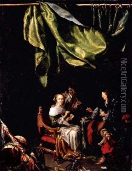 Cortegaardje Interior With Two Soldiers Playing Cards Oil Painting - Dominicus van Tol
