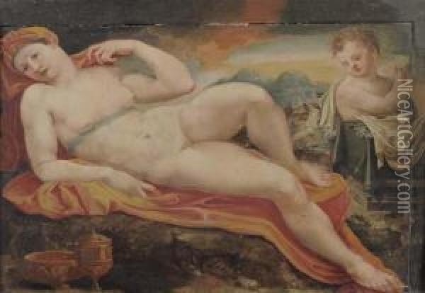 Venus Et Cupidon Oil Painting - Rancesco De' Rossi (see Salviati, Cecchino Del)