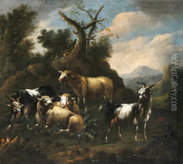 Rastende Schafherde Vor Einer Anhohe In Bergiger Landschaft Oil Painting - Johann Melchior Roos
