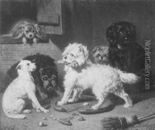 Mischief (genre Scene With Dogs) Oil Painting - Bernard de Gempt
