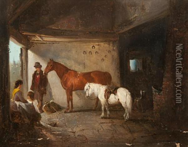 Mother And Child With A Young Man, Chestnut Hunter And Grey Pony In A Smithy Doorway Oil Painting - Edward Robert Smythe