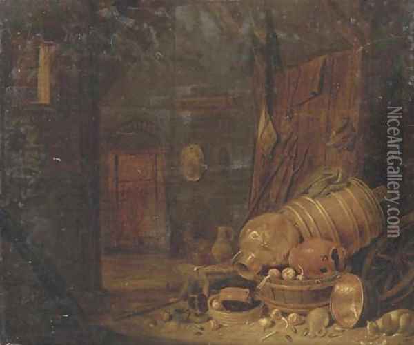 A barn interior with copper pots, wooden barrels and a cat drinking milk nearby Oil Painting - Dirck Wijntrack