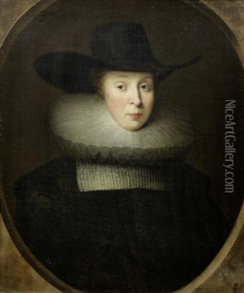 Portrait Of Frances, Lady Robinson, Half-length, In A Black Dress And Hat, Within A Painted Oval Oil Painting - Cornelis Jonson Van Ceulen