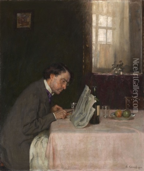 Reading A Newspaper Oil Painting - Arthur Kampf