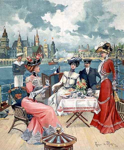 Tea on the Seine, from LIllustre Soleil du Dimanche, 26th August 1900 Oil Painting - Maurice de Thoren