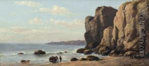 Felsige Meereskuste Mit Boot Und Zwei Fischern Oil Painting - Henry Mosny