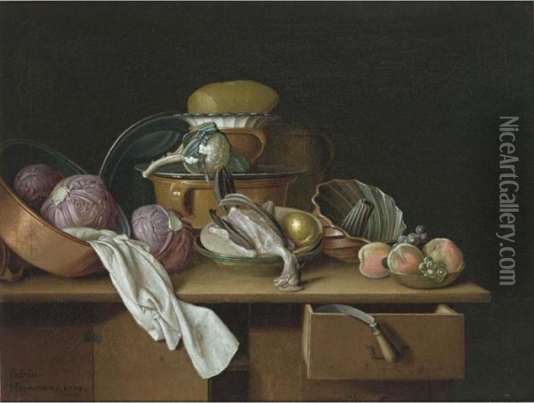 A Kitchen Still Life With 
Cabbages And A Cauliflower In Pewter Pots, A Chicken And A Pear In A 
Bowl And Peaches And Grapes In A Bowl, All On A Wooden Table Oil Painting - Peter Jacob Horemans